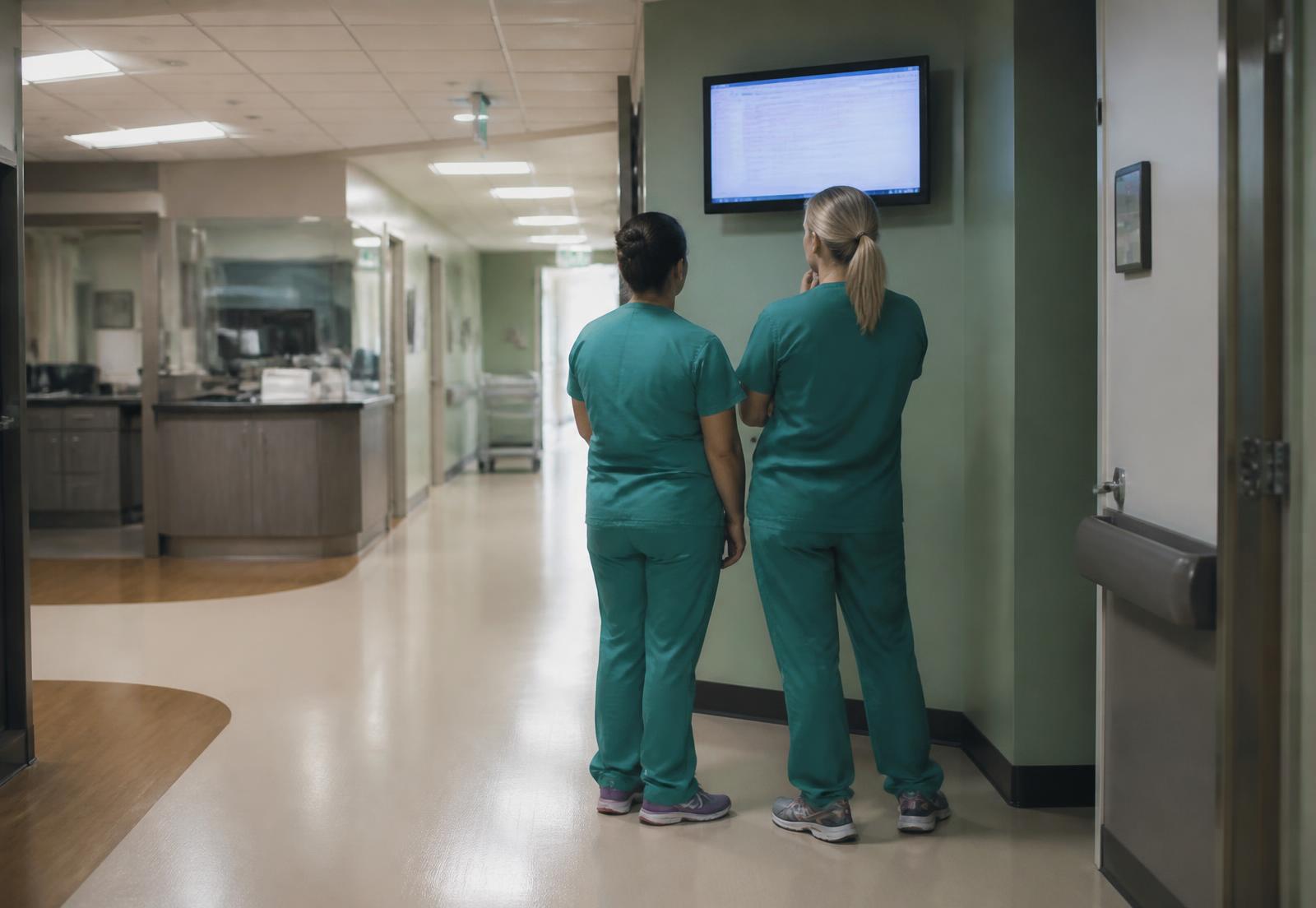 Healthcare staff reviewing information on a screen in a hospital corridor